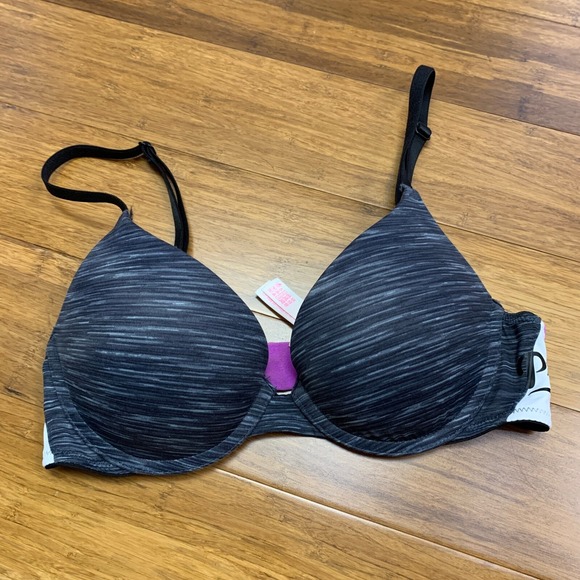 PINK Victoria's Secret Wear Everywhere Push Up Bra Womens Size 32B Black Striped - Picture 1 of 7